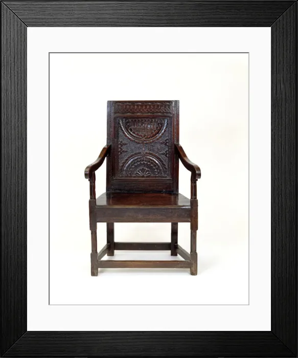 Framed Print : Armchair. Joined oak elbow chair with a carved back panel with opposed lunettes Framed Print : Armchair. Joined oak elbow chair with a carved back panel with opposed lunettes