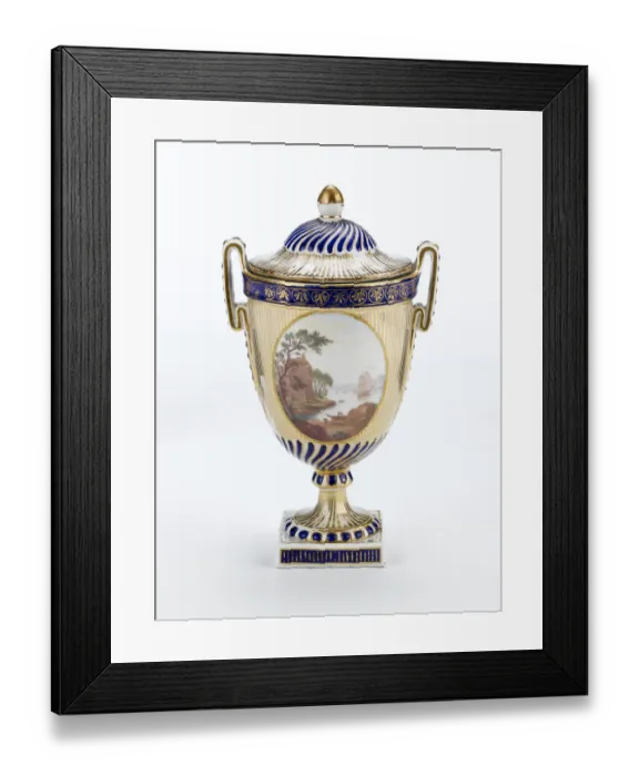 Framed Print : Urn made from porcelain with a white ground, painted in gold Framed Print : Urn made from porcelain with a white ground, painted in gold