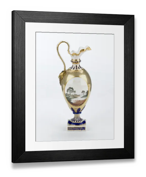 Framed Print : Ewer made from porcelain, painted in gold and blue on a white ground with Framed Print : Ewer made from porcelain, painted in gold and blue on a white ground with