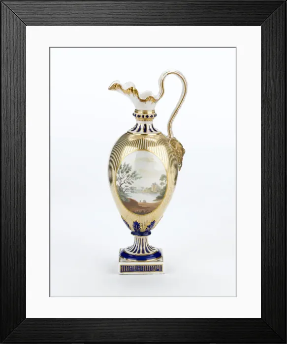 Framed Print : Ewer made from porcelain, painted in gold and blue on a white ground with Framed Print : Ewer made from porcelain, painted in gold and blue on a white ground with