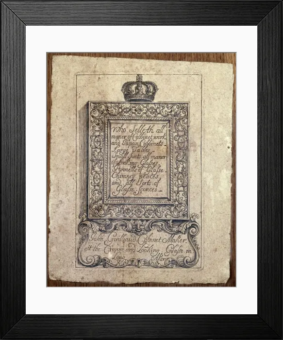 Framed Print : Guilbaud Writing Cabinet, Trade Label Framed Print : Guilbaud Writing Cabinet, Trade Label