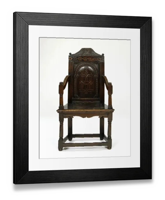 Framed Print : Armchair. Oak armchair with parquetry banding, inlaid decoration Framed Print : Armchair. Oak armchair with parquetry banding, inlaid decoration