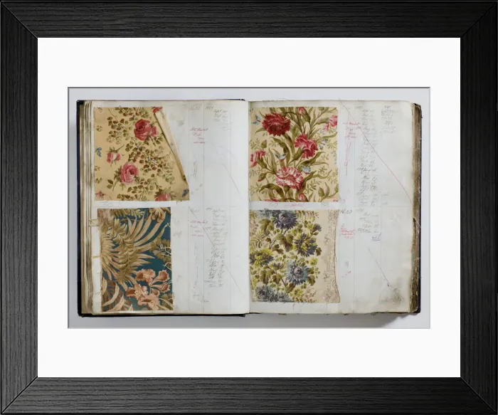 Framed Print : Pages from a book of textile samples, annotated by hand with Framed Print : Pages from a book of textile samples, annotated by hand with