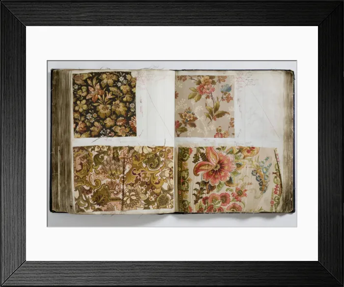 Framed Print : Pages from a book of textile samples, annotated by hand with Framed Print : Pages from a book of textile samples, annotated by hand with