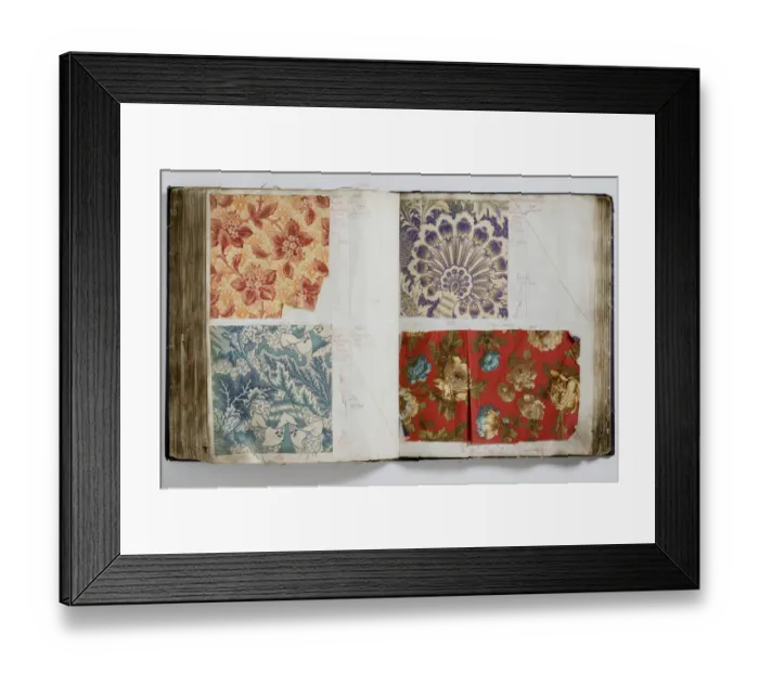 Framed Print : Pages from a book of textile samples, annotated by hand with Framed Print : Pages from a book of textile samples, annotated by hand with