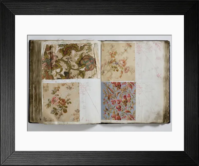Framed Print : Pages from a book of textile samples, annotated by hand with Framed Print : Pages from a book of textile samples, annotated by hand with