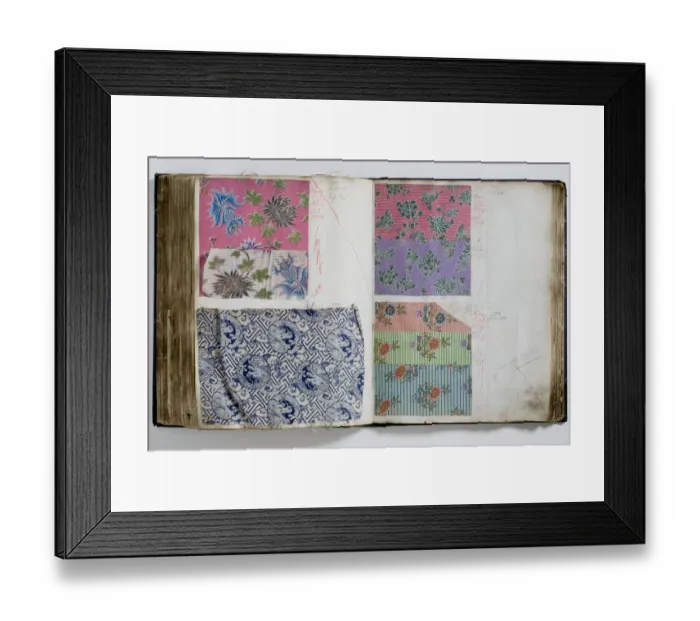 Framed Print : Pages from a book of textile samples, annotated by hand with Framed Print : Pages from a book of textile samples, annotated by hand with