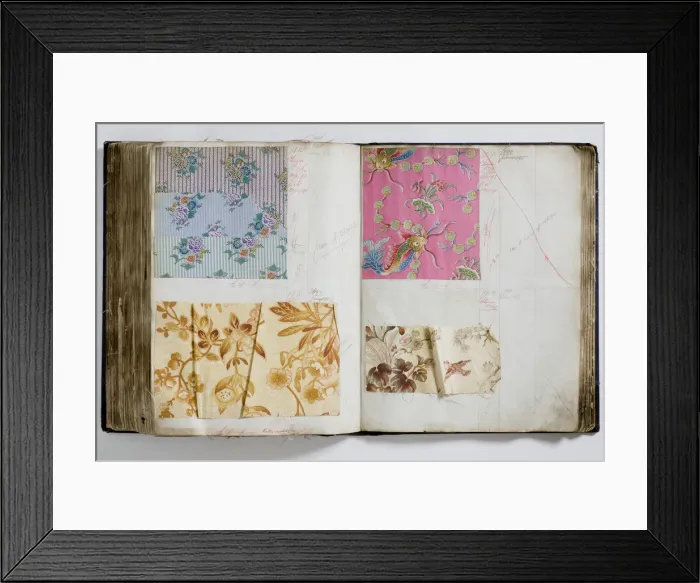 Framed Print : Pages from a book of textile samples, annotated by hand with Framed Print : Pages from a book of textile samples, annotated by hand with