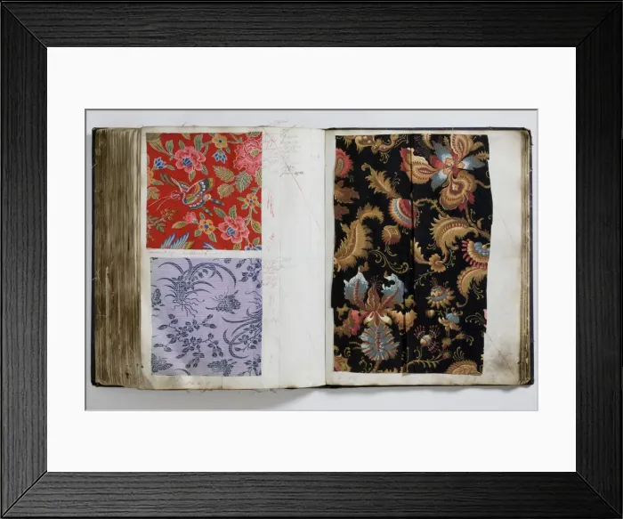 Framed Print : Pages from a book of textile samples, annotated by hand with Framed Print : Pages from a book of textile samples, annotated by hand with