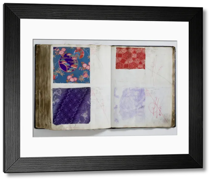 Framed Print : Pages from a book of textile samples, annotated by hand with Framed Print : Pages from a book of textile samples, annotated by hand with