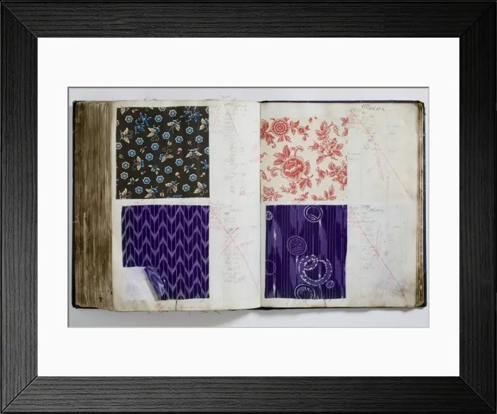 Framed Print : Pages from a book of textile samples, annotated by hand with Framed Print : Pages from a book of textile samples, annotated by hand with