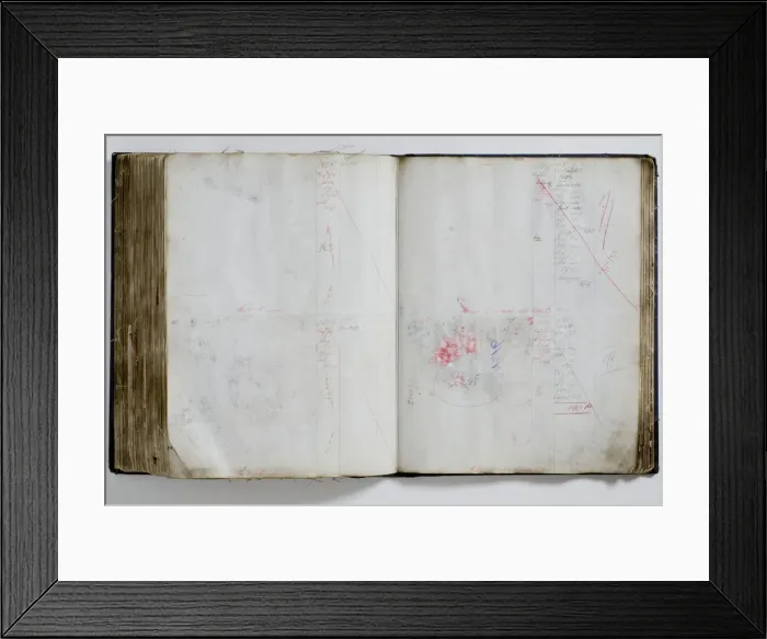 Framed Print : Pages from a book of textile samples, annotated by hand with Framed Print : Pages from a book of textile samples, annotated by hand with