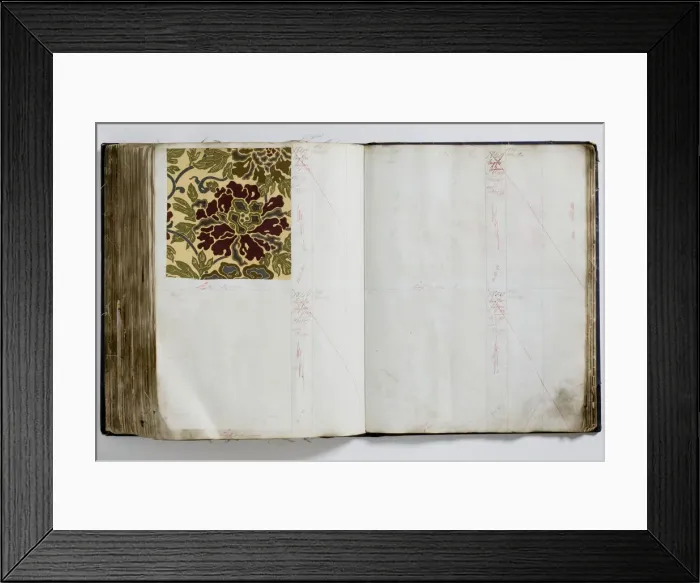Framed Print : Pages from a book of textile samples, annotated by hand with Framed Print : Pages from a book of textile samples, annotated by hand with