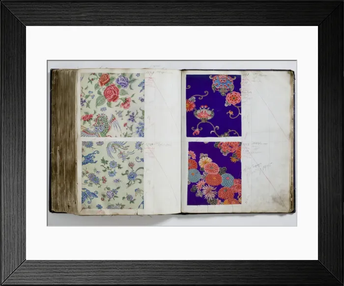 Framed Print : Pages from a book of textile samples, annotated by hand with Framed Print : Pages from a book of textile samples, annotated by hand with