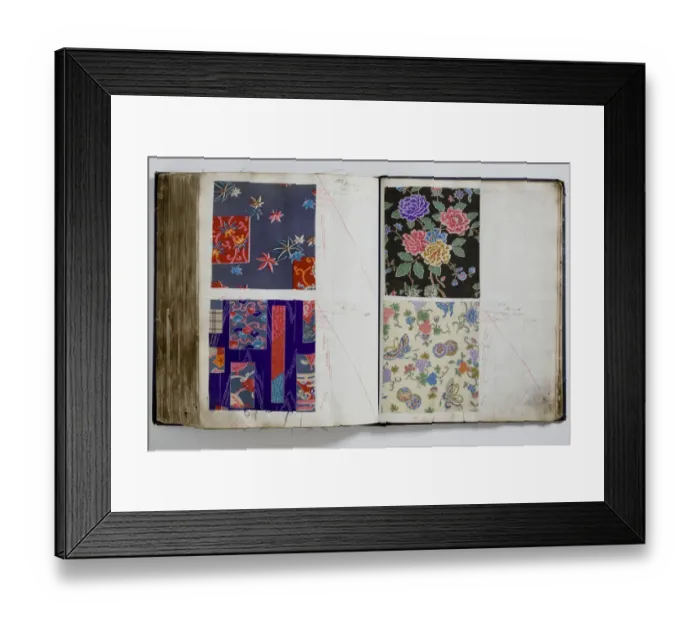Framed Print : Pages from a book of textile samples, annotated by hand with Framed Print : Pages from a book of textile samples, annotated by hand with