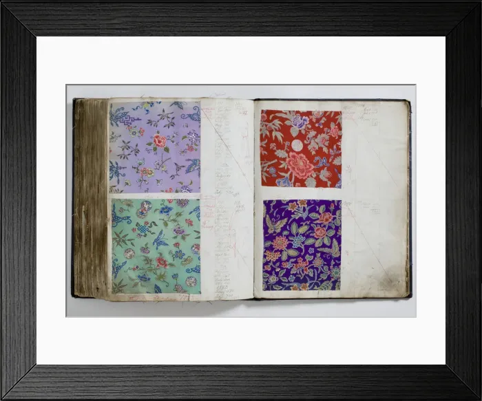 Framed Print : Pages from a book of textile samples, annotated by hand with Framed Print : Pages from a book of textile samples, annotated by hand with