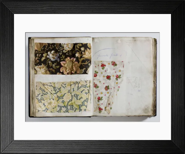 Framed Print : Pages from a book of textile samples, annotated by hand with Framed Print : Pages from a book of textile samples, annotated by hand with