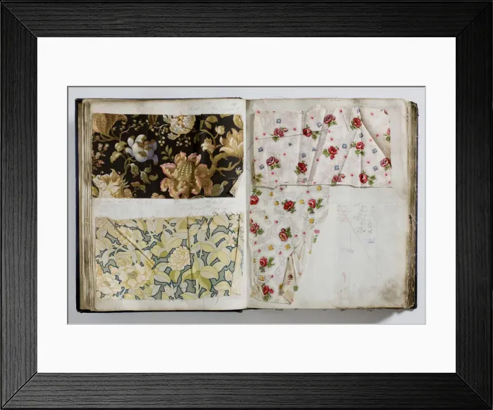 Framed Print : Pages from a book of textile samples, annotated by hand with Framed Print : Pages from a book of textile samples, annotated by hand with