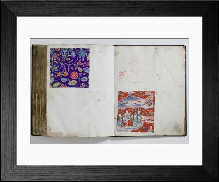Framed Print : Pages from a book of textile samples, annotated by hand with Framed Print : Pages from a book of textile samples, annotated by hand with