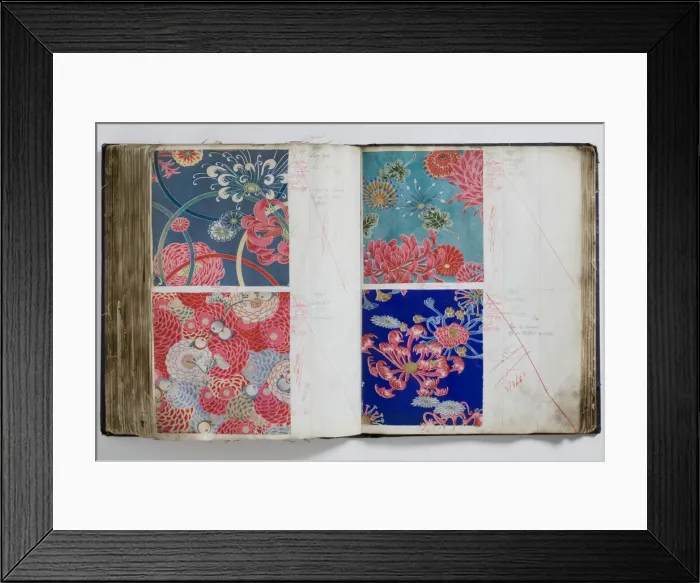 Framed Print : Pages from a book of textile samples, annotated by hand with Framed Print : Pages from a book of textile samples, annotated by hand with