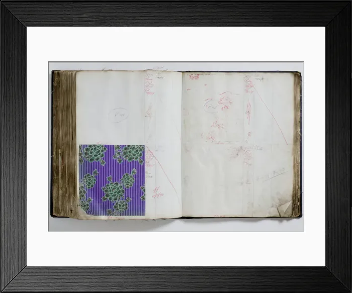 Framed Print : Pages from a book of textile samples, annotated by hand with Framed Print : Pages from a book of textile samples, annotated by hand with
