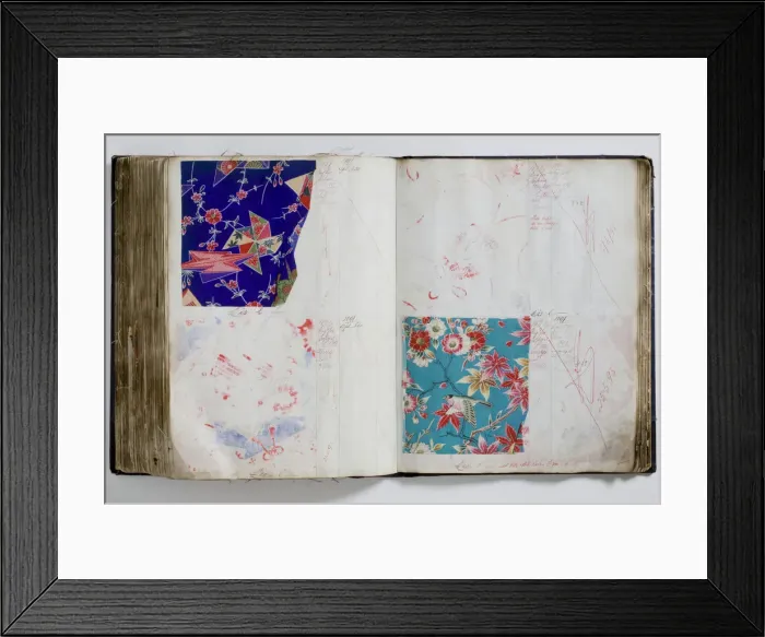 Framed Print : Pages from a book of textile samples, annotated by hand with Framed Print : Pages from a book of textile samples, annotated by hand with
