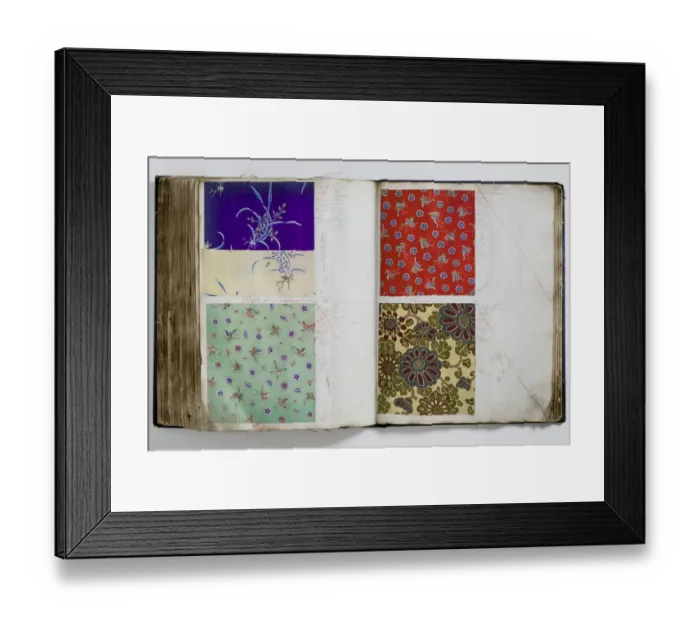 Framed Print : Pages from a book of textile samples, annotated by hand with Framed Print : Pages from a book of textile samples, annotated by hand with