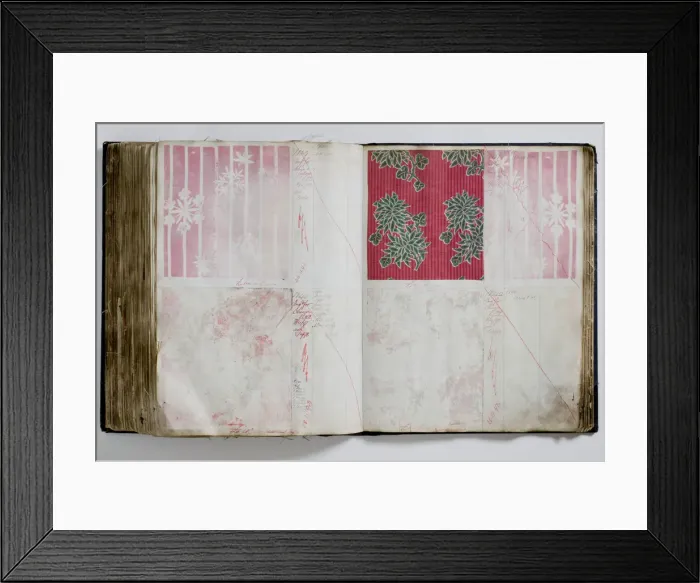Framed Print : Pages from a book of textile samples, annotated by hand with Framed Print : Pages from a book of textile samples, annotated by hand with
