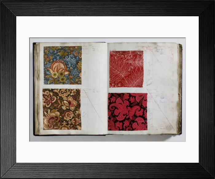 Framed Print : Pages from a book of textile samples, annotated by hand with Framed Print : Pages from a book of textile samples, annotated by hand with