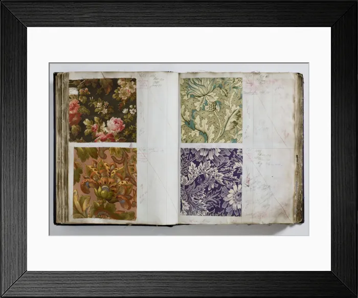 Framed Print : Pages from a book of textile samples, annotated by hand with Framed Print : Pages from a book of textile samples, annotated by hand with