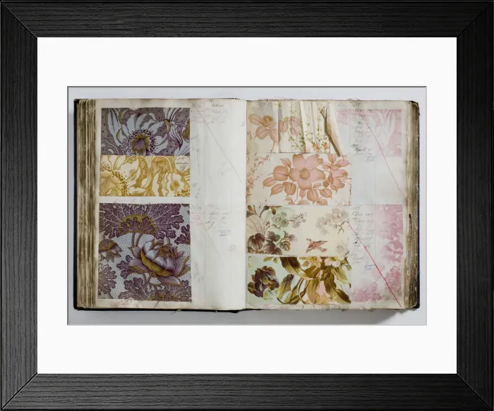 Framed Print : Pages from a book of textile samples, annotated by hand with Framed Print : Pages from a book of textile samples, annotated by hand with