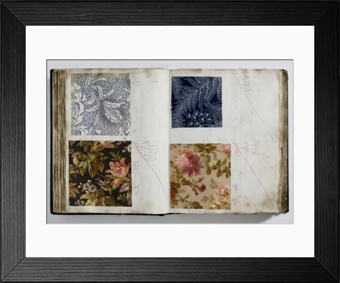 Framed Print : Pages from a book of textile samples, annotated by hand with Framed Print : Pages from a book of textile samples, annotated by hand with