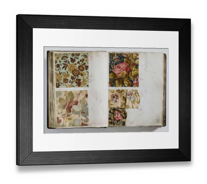 Framed Print : Pages from a book of textile samples, annotated by hand with Framed Print : Pages from a book of textile samples, annotated by hand with