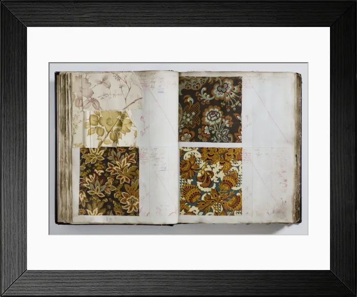 Framed Print : Pages from a book of textile samples, annotated by hand with Framed Print : Pages from a book of textile samples, annotated by hand with