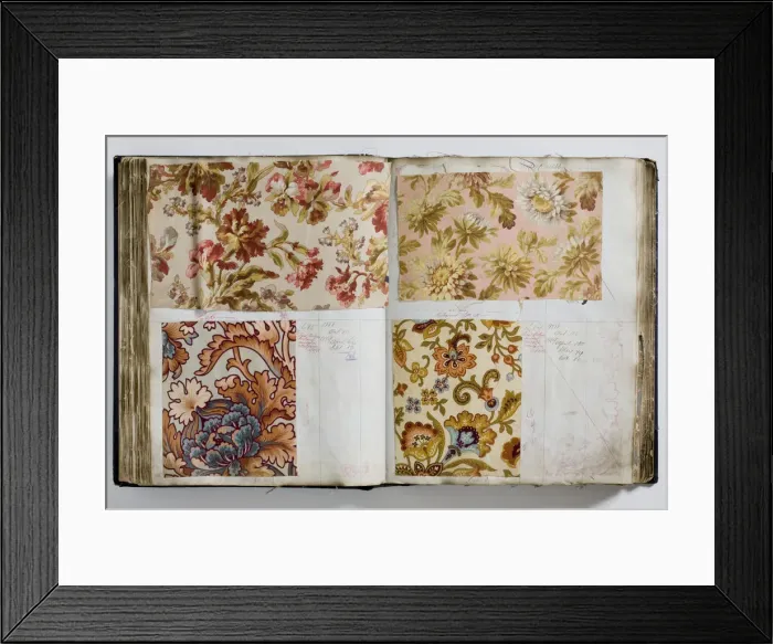 Framed Print : Pages from a book of textile samples, annotated by hand with Framed Print : Pages from a book of textile samples, annotated by hand with