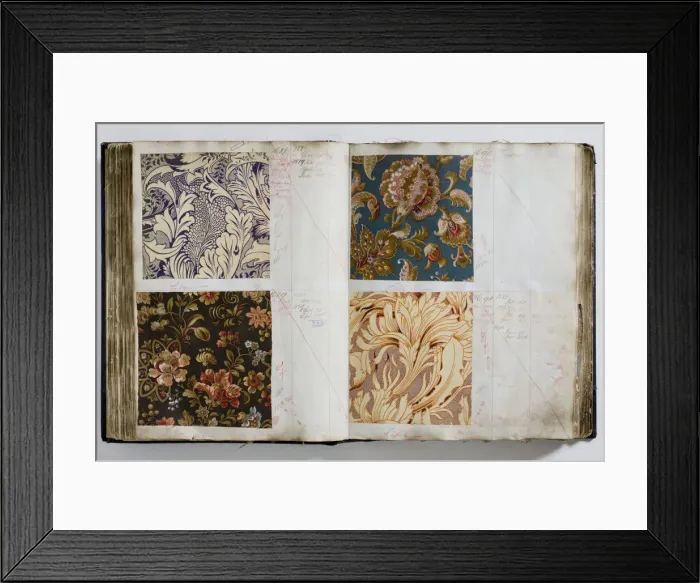 Framed Print : Pages from a book of textile samples, annotated by hand with Framed Print : Pages from a book of textile samples, annotated by hand with
