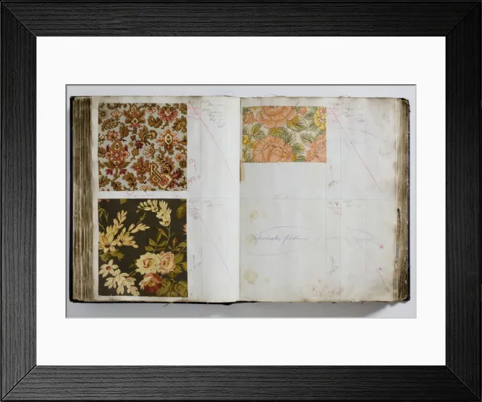 Framed Print : Pages from a book of textile samples, annotated by hand with Framed Print : Pages from a book of textile samples, annotated by hand with