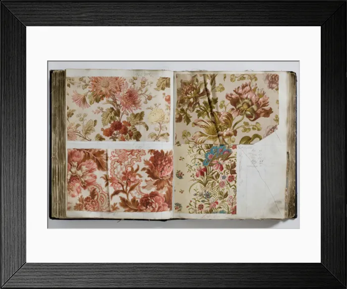 Framed Print : Pages from a book of textile samples, annotated by hand with Framed Print : Pages from a book of textile samples, annotated by hand with