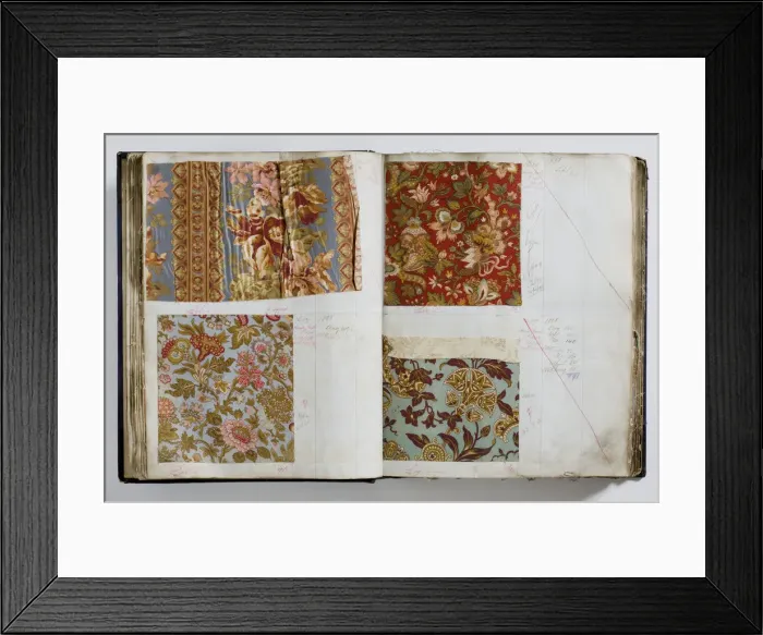 Framed Print : Pages from a book of textile samples, annotated by hand with Framed Print : Pages from a book of textile samples, annotated by hand with