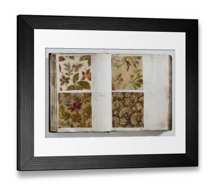 Framed Print : Pages from a book of textile samples, annotated by hand with Framed Print : Pages from a book of textile samples, annotated by hand with