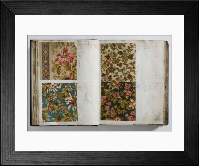 Framed Print : Pages from a book of textile samples, annotated by hand with Framed Print : Pages from a book of textile samples, annotated by hand with