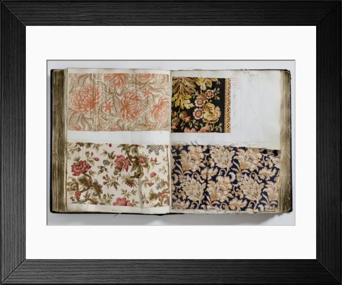 Framed Print : Pages from a book of textile samples, annotated by hand with Framed Print : Pages from a book of textile samples, annotated by hand with