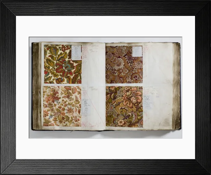 Framed Print : Pages from a book of textile samples, annotated by hand with Framed Print : Pages from a book of textile samples, annotated by hand with