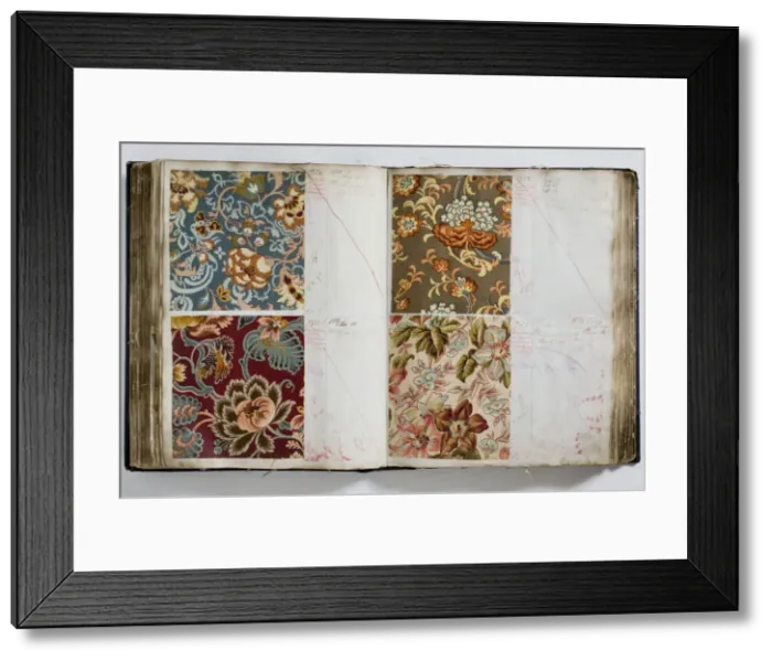 Framed Print : Pages from a book of textile samples, annotated by hand with Framed Print : Pages from a book of textile samples, annotated by hand with