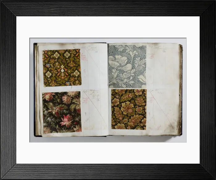 Framed Print : Pages from a book of textile samples, annotated by hand with Framed Print : Pages from a book of textile samples, annotated by hand with