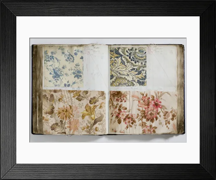 Framed Print : Pages from a book of textile samples, annotated by hand with Framed Print : Pages from a book of textile samples, annotated by hand with