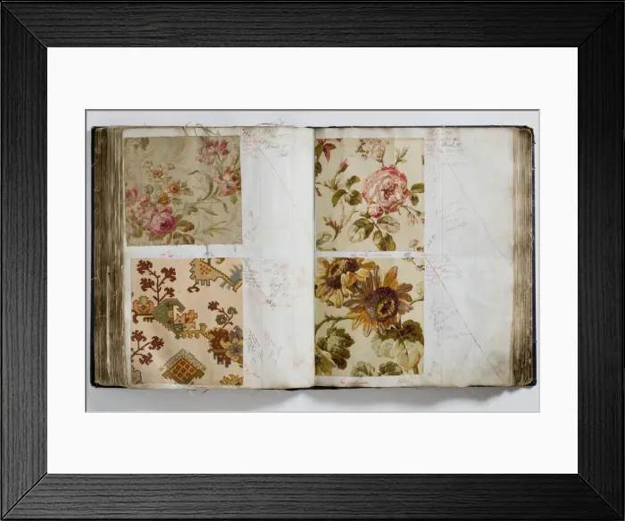 Framed Print : Pages from a book of textile samples, annotated by hand with Framed Print : Pages from a book of textile samples, annotated by hand with