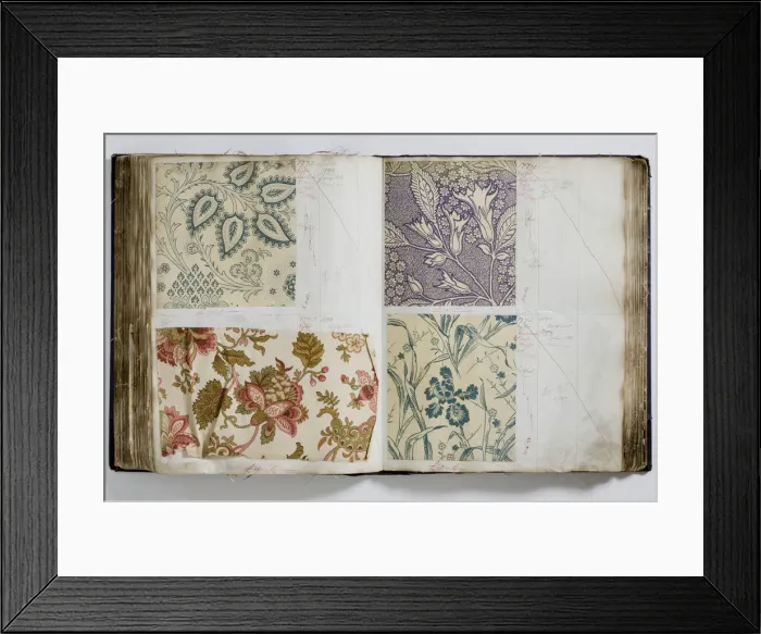 Framed Print : Pages from a book of textile samples, annotated by hand with Framed Print : Pages from a book of textile samples, annotated by hand with