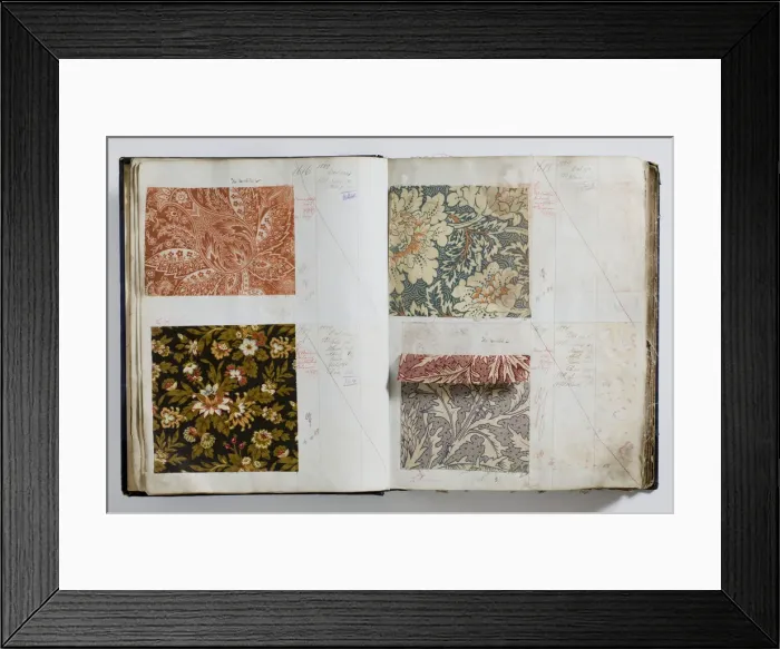 Framed Print : Pages from a book of textile samples, annotated by hand with Framed Print : Pages from a book of textile samples, annotated by hand with