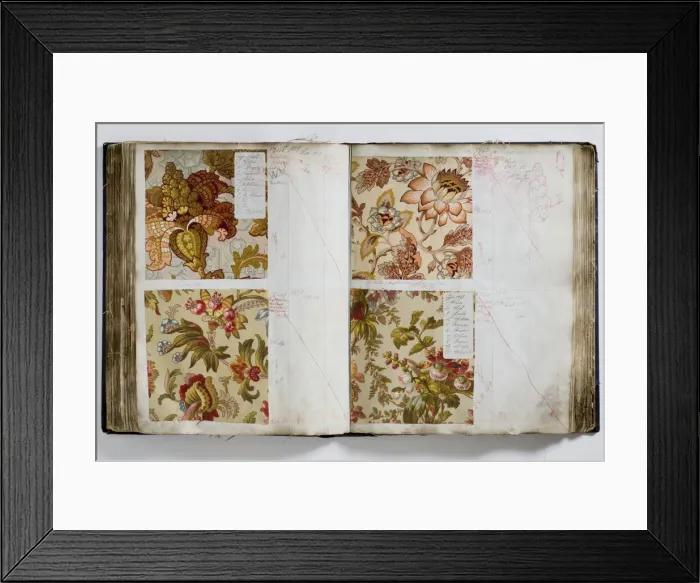 Framed Print : Pages from a book of textile samples, annotated by hand with Framed Print : Pages from a book of textile samples, annotated by hand with